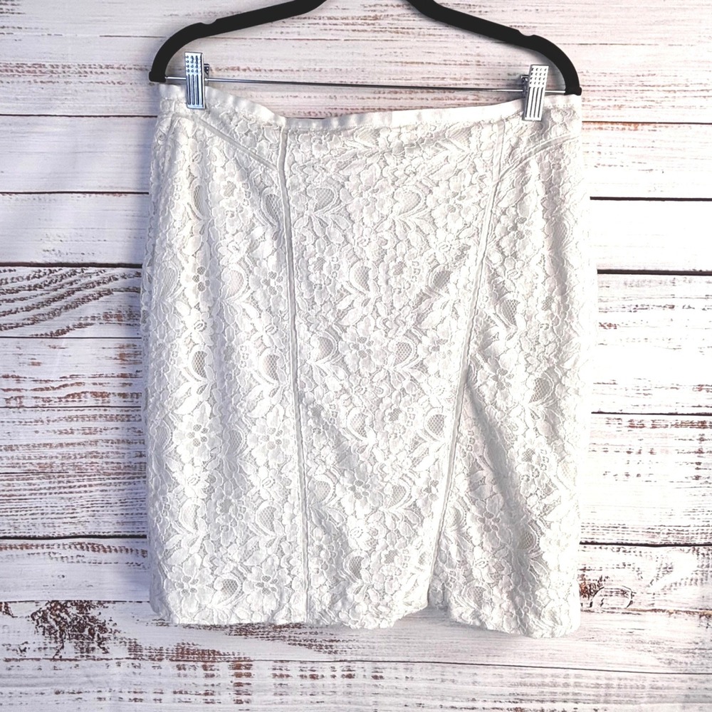 Romantic Coquette White Lace Pencil Skirt 14 Cotton Blend Timeless Lined
